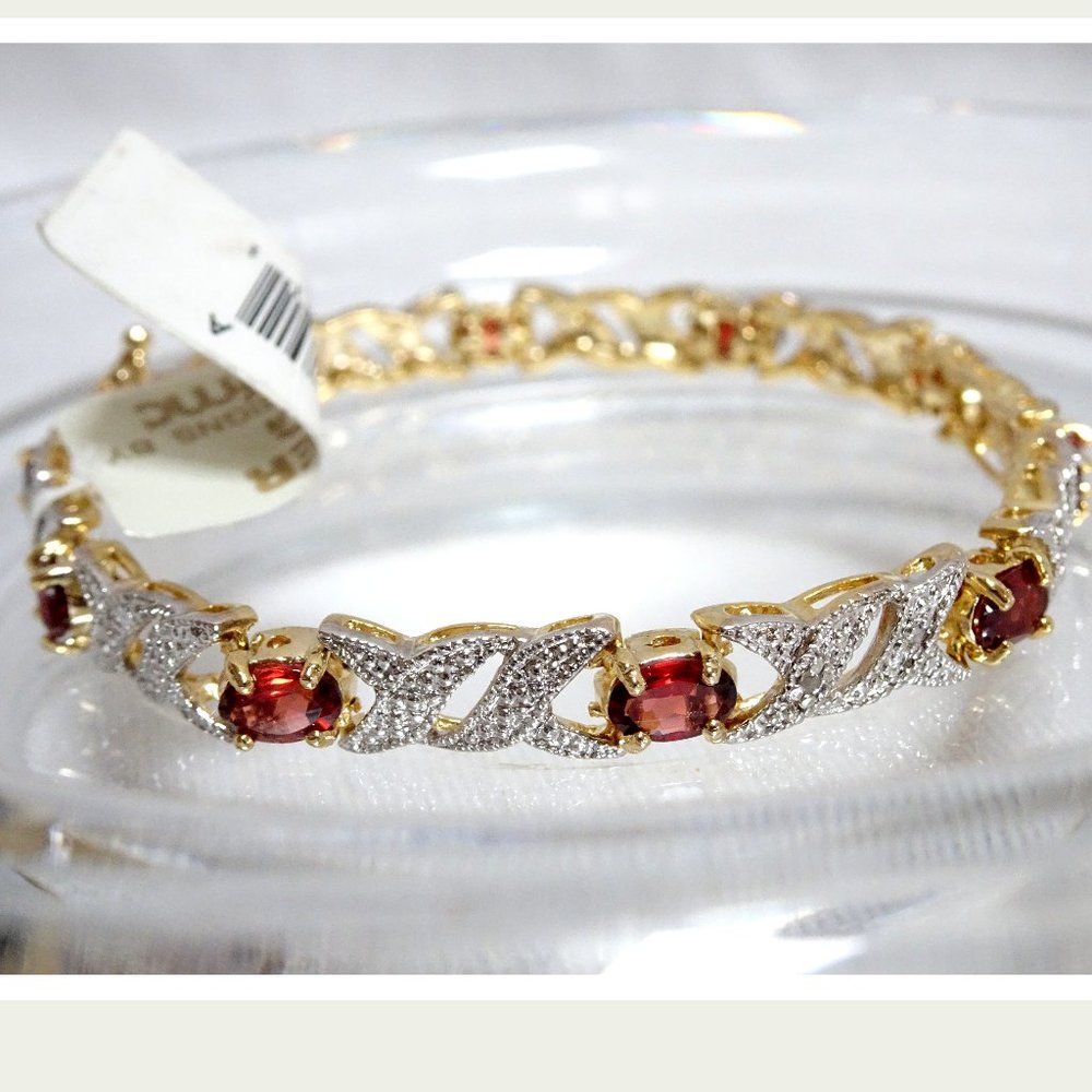 NWT January Birth Stone Garnet Diamond 24KT Gold .925 Silver Tennis Bracelet